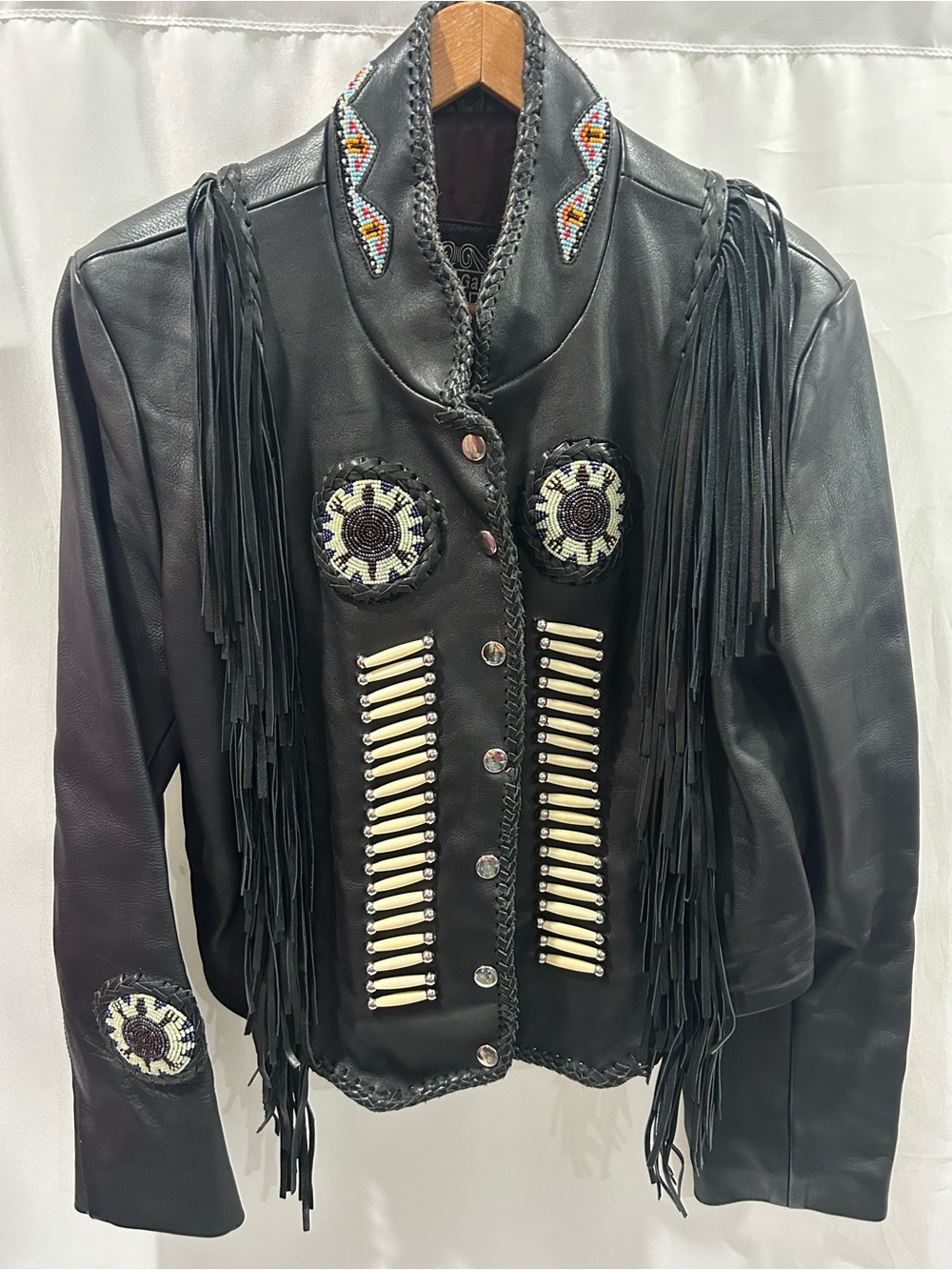 LN Leather Gallery Vintage Black Leather Fringe Beaded Western Jacket